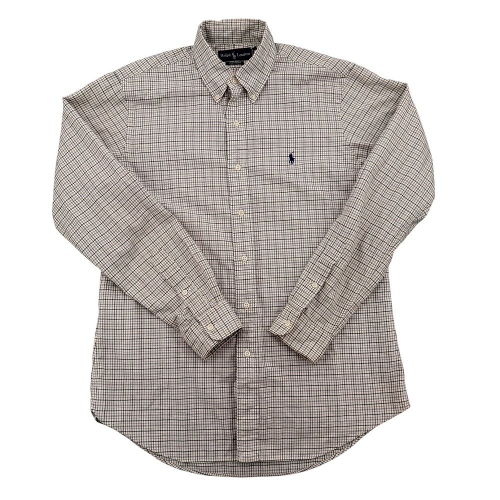 Ralph Lauren Men M Custom Fit Plaid Button Down Shirt Tan Blue Long Sleeve